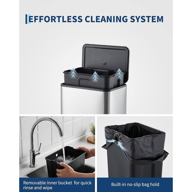 3.4-Gallon Rectangular Step Trash Can Stainless Steel with Soft-Close Lid and Removable Bucket Silver