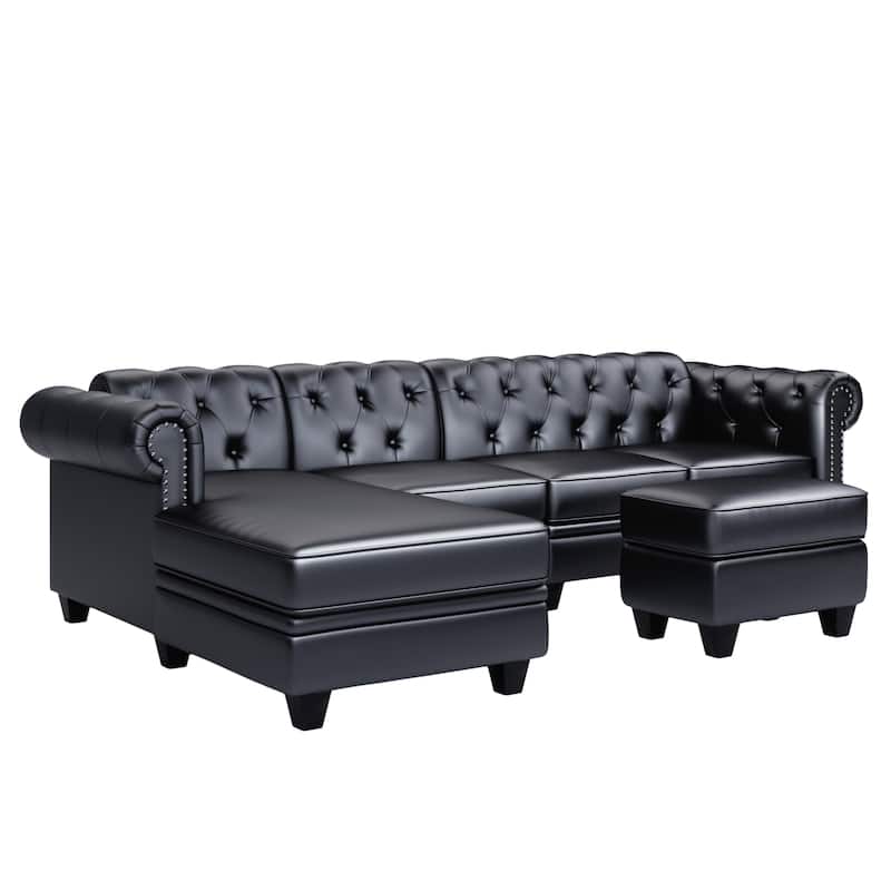116" Chesterfield Sectional Sofa Set, PU Leather 4-Seat Living Room Set with Storage Ottoman ,Nailheaded