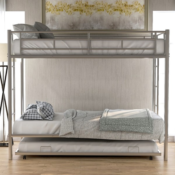slide 2 of 15, Functional and Stylish Design Metal Bunk Bed with Trundle, Solid Construction and Durable, Sliver