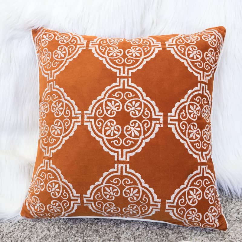 Burnt Orange Damask Embroidered Throw Pillow - Boho Geometric Cushion