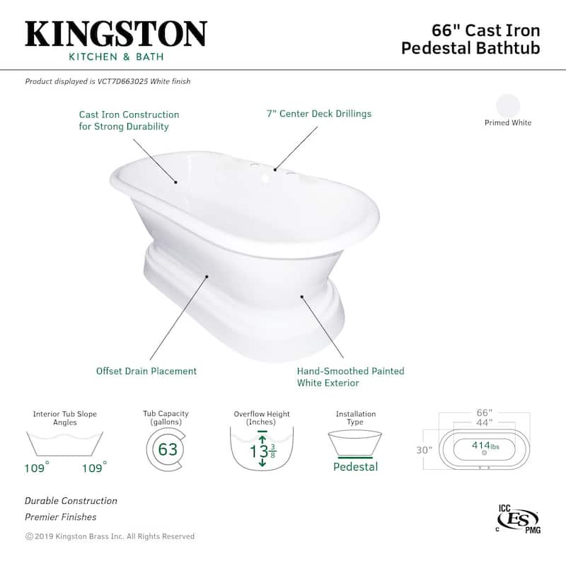 Kingston Brass Aqua Eden 66" Cast Iron Free Standing Tub with 7"