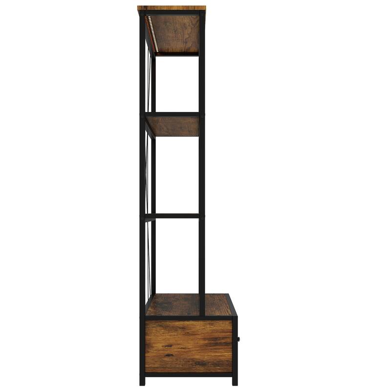 3-Shelf Metal Bookcase with Drawers for Home Office, Open Bookcase, Vintage Industrial Style Bookcase with LED