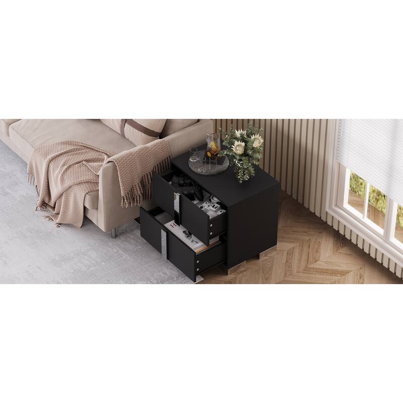 Modern End Table with Drawers, Elegant Nightstand with Metal Foot,Wood Bedside Table with Mirrored Metal Handles