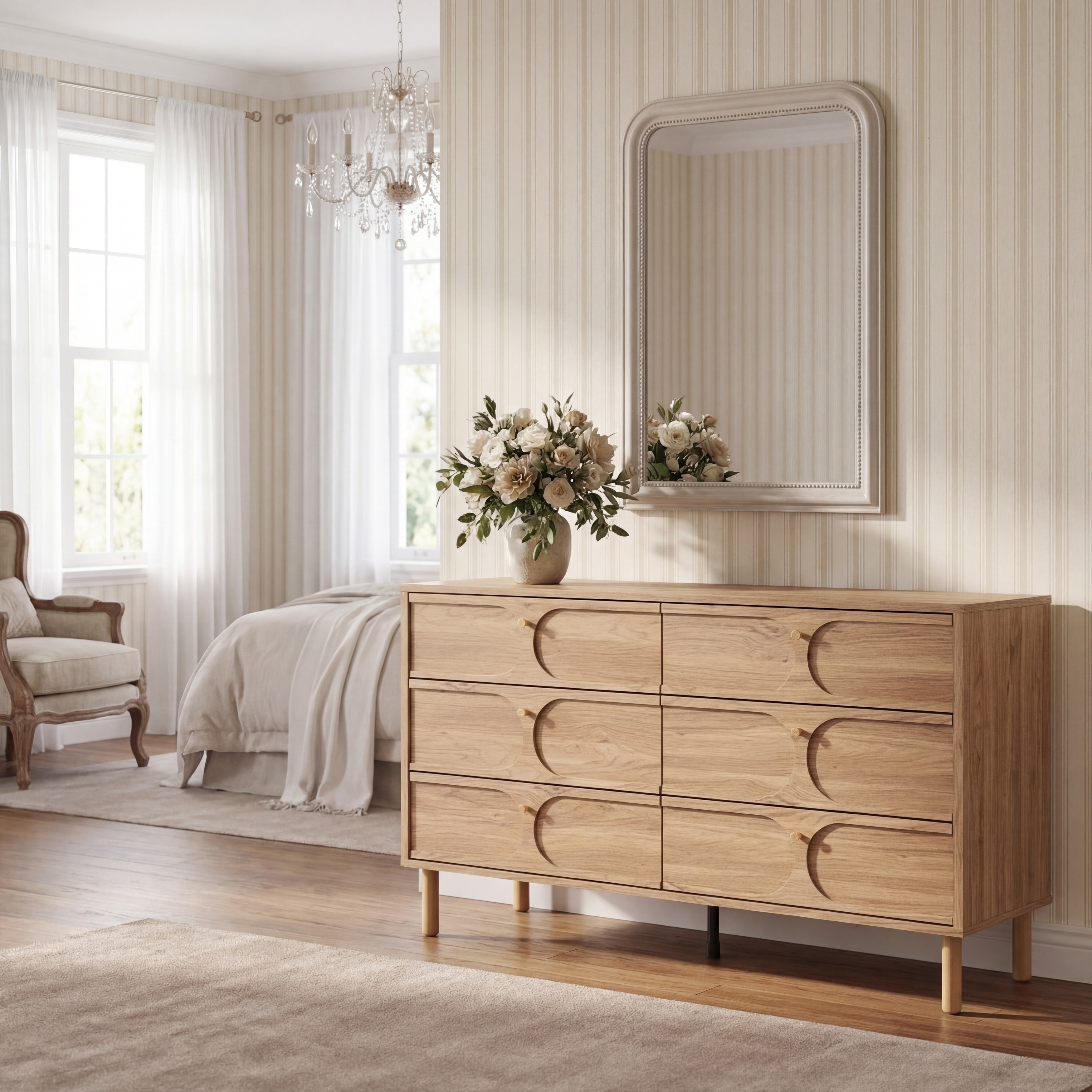 popular dresser SICOTAS 53.6" Wide 6 Drawer Modular Rattan Dresser for Bedroom, Long Chest of Drawers with Pop-Up Drawers%& Unique Rattan Design, Amber Oak