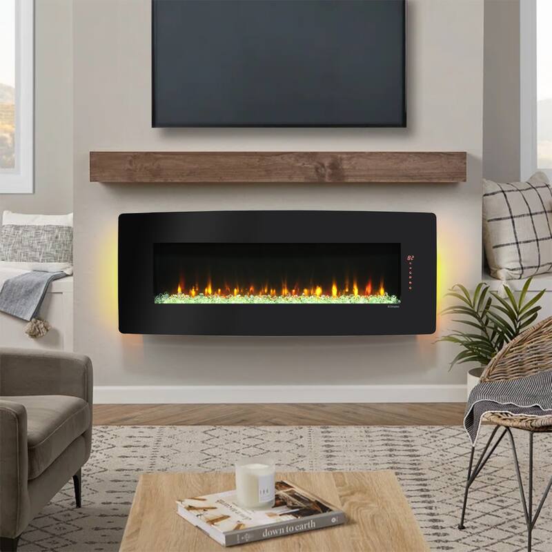 48" Wall Mounted Electric Fireplace with Curved Front, Adjustable Flame, Ember Bed, and Remote Control