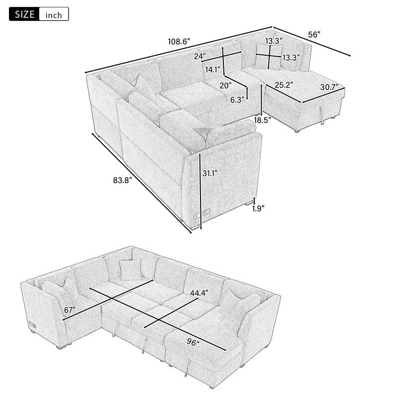 108.6" Fabric U-Shaped 6-Seat Sectional Sofa with Pull-Out Bed, Storage Chaise, USB Ports, and Power Outlets