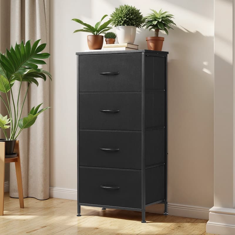 Dresser for Bedroom with 4 Fabric Drawers, Tall Chest Organizer Units for Clothing, Closet, Kidsroom, Storage Tower with Cabinet - Black