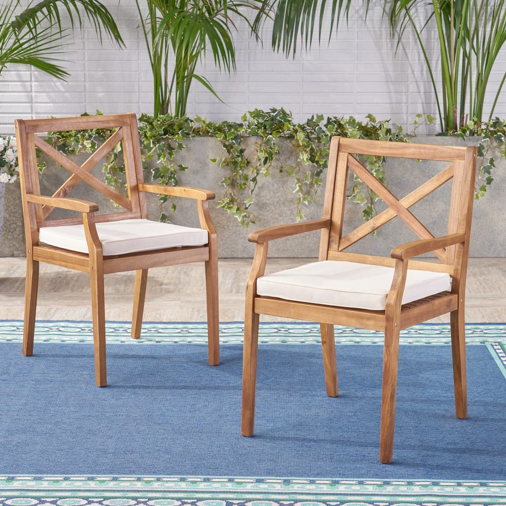 Roomfitters Set of 2 Solid Acacia Wood Dining Chairs with Water-Resistant Cushions, Cream