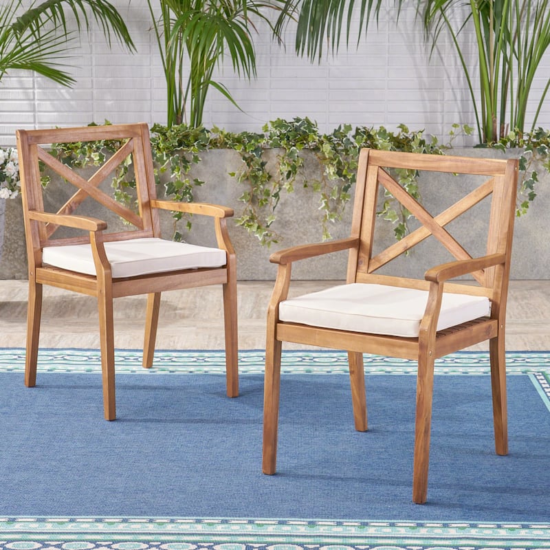 Roomfitters Set of 2 Solid Acacia Wood Dining Chairs with Water-Resistant Cushions, Cream - Cream,Teak