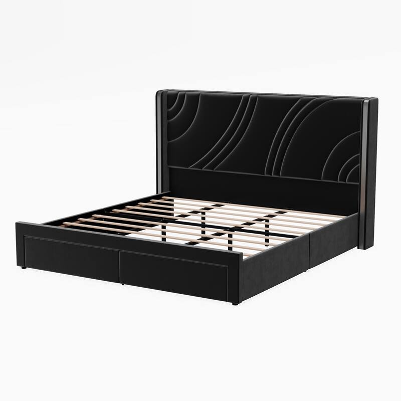 Modern Velvet LED Bed Frame with Storage Drawers and RGB Lighting