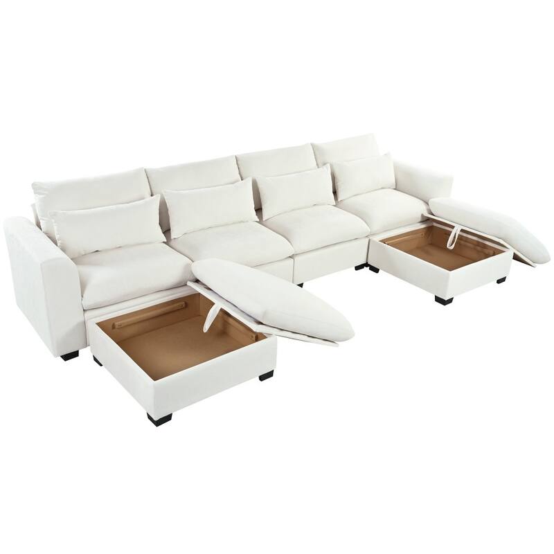Modern U-shaped Modular Linen Blend Sectional Sofa with 2 Storage Ottomans and 4 lumbar pillows