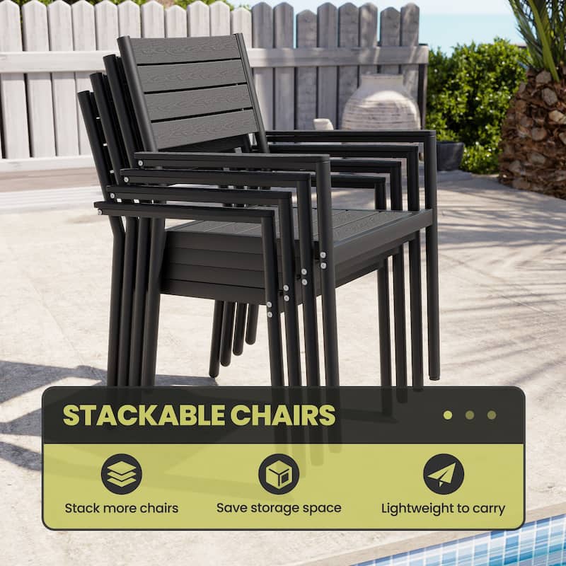 9-Piece Outdoor Rectangular Dining Table Set with Umbrella Hole and Stackable Armchairs