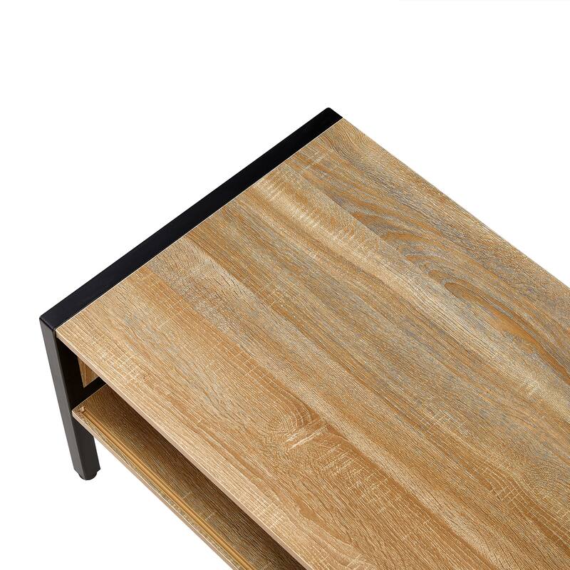 Rattan Coffee Table Modern Living Room Table with Sliding Rattan Door Panel Solid Wood Legs, for Living Room
