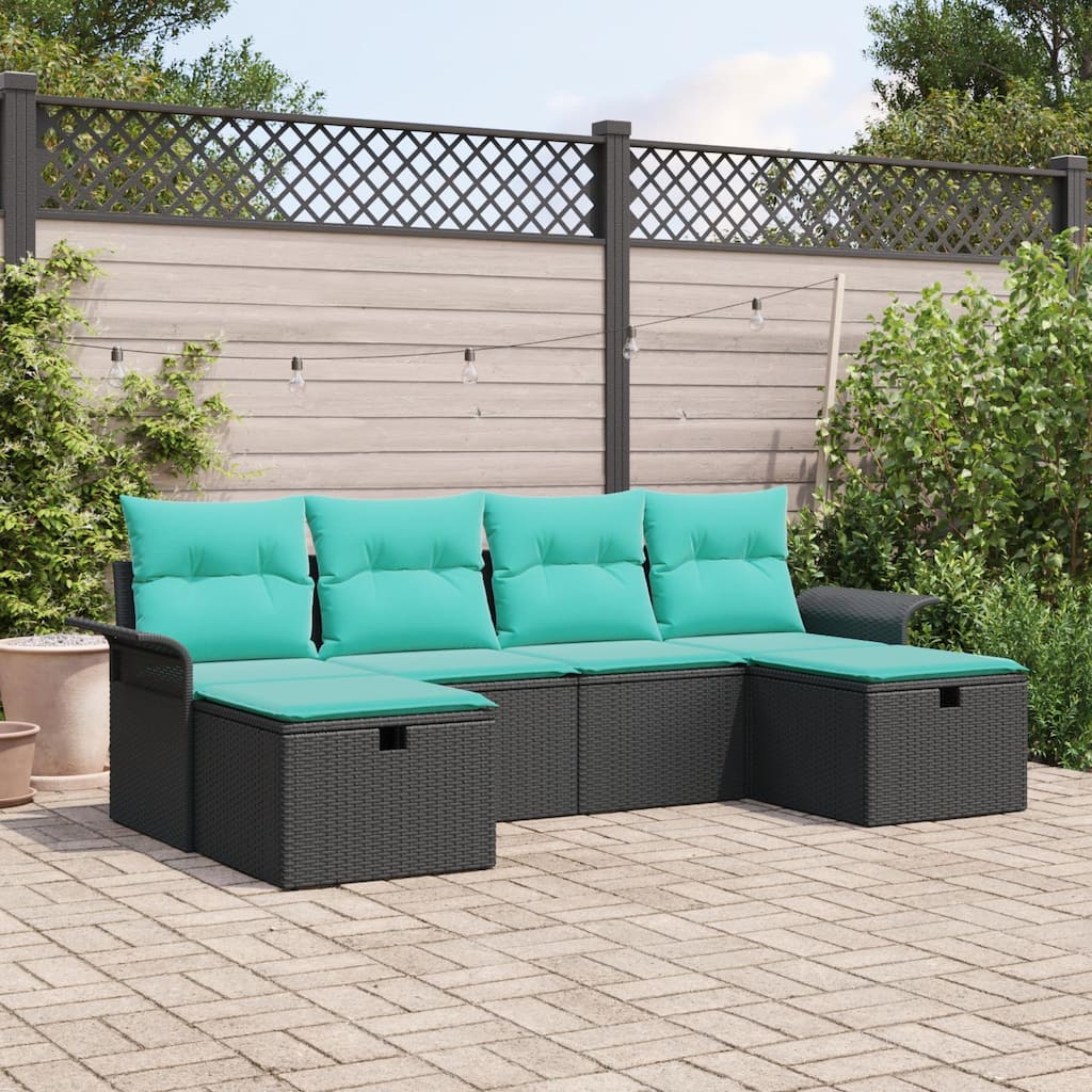 vidaXL 6 Piece Garden Sofa Set with Cushions Black Poly Rattan - 98.8×46.1×27.2