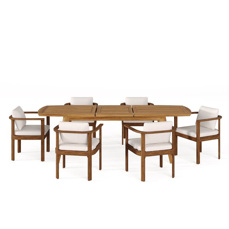 Christopher Knight Home - 7-Piece Outdoor Acacia Wood Dining Set with Curved Arm Chairs & 71" Expandable Dining Table