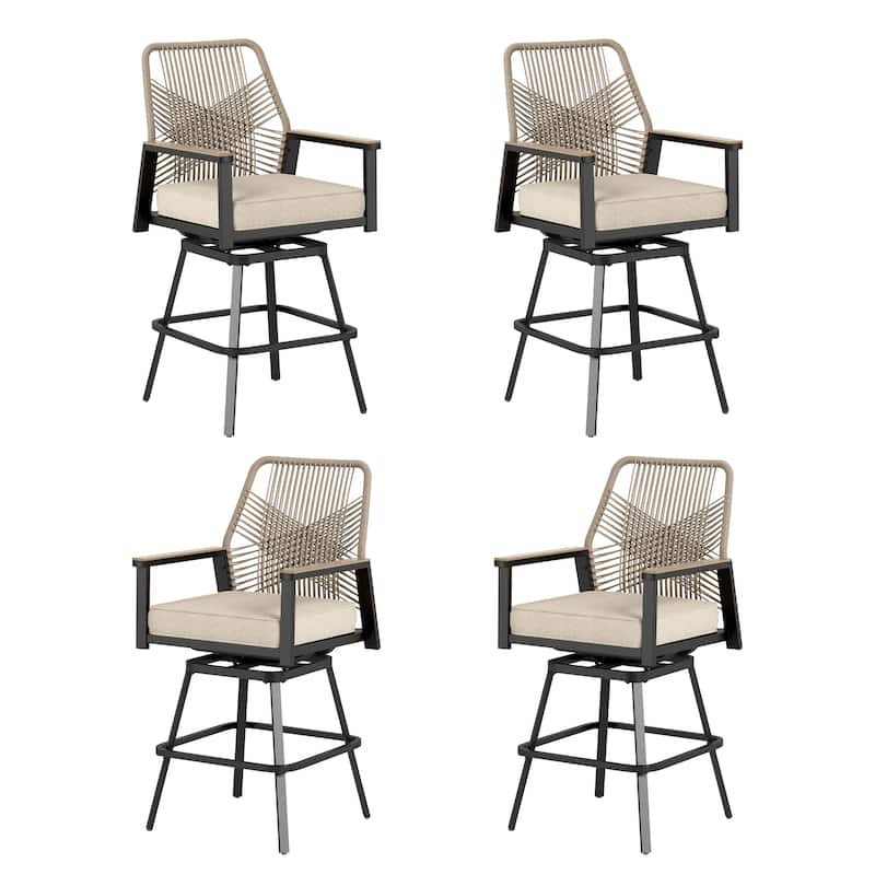 MAISON ARTS Modern Twill Wicker Woven Outdoor Bar Stool Chair Set, Counter Height Stool with Back and Cushion - 4-Piece Swivel