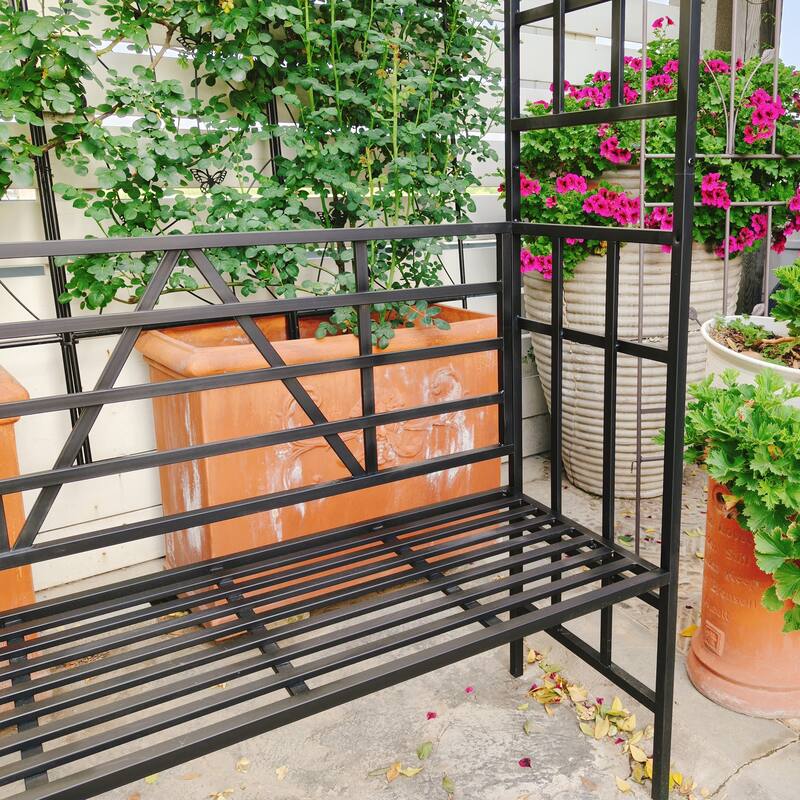 Metal Garden Arch with Bench Turned into Flower Stand Climbing Plants Support Rose Arch Outdoor Black