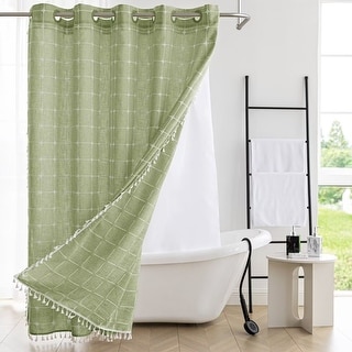 No Hooks Linen Textured Geometric Tassels Shower Curtain with Snap-in Liner
