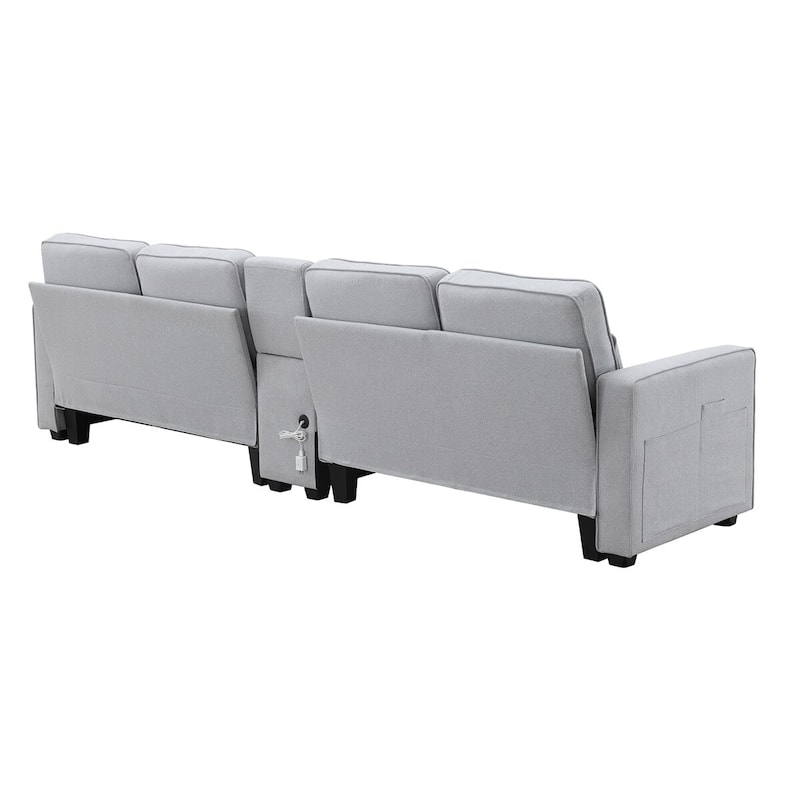 Merax 114.2" Upholstered Sofa with Console, 2 Cupholders and 2 USB Ports Wired or Wirelessly Charged