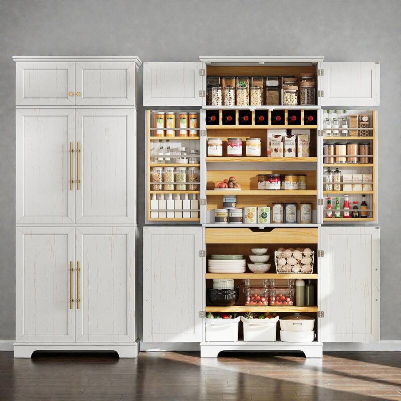 78.2" Farmhouse Kitchen Pantry Cabinet with 8 Door Shelves, Adjustable Shelves, Hidden Drawer and Wine Rack Storage