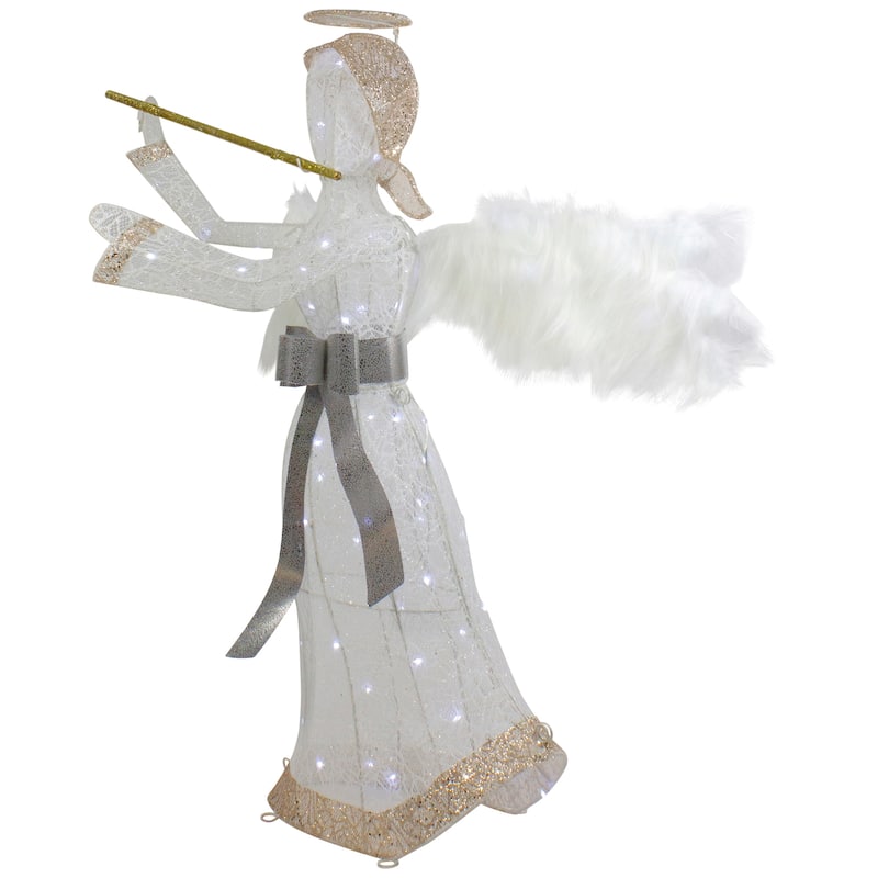 36" LED Lighted Lace Angel with Flute Outdoor Christmas Decoration - White
