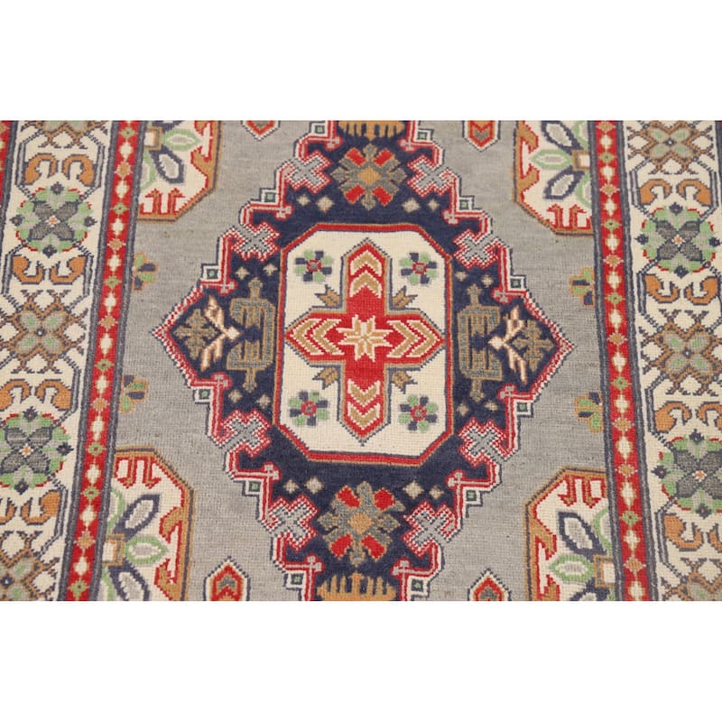 Traditional Grey Kazak Foyer Rug Hand-Knotted Wool Carpet - 3'2" x 4'11"