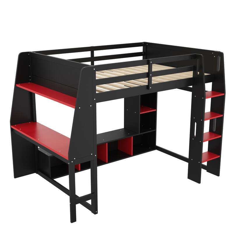 Gaming Loft Bed Teen Bed Frame with Desk Multi-storage Shelves Hanging Clothes Rack Space Saving LED Workstation Loft Bed