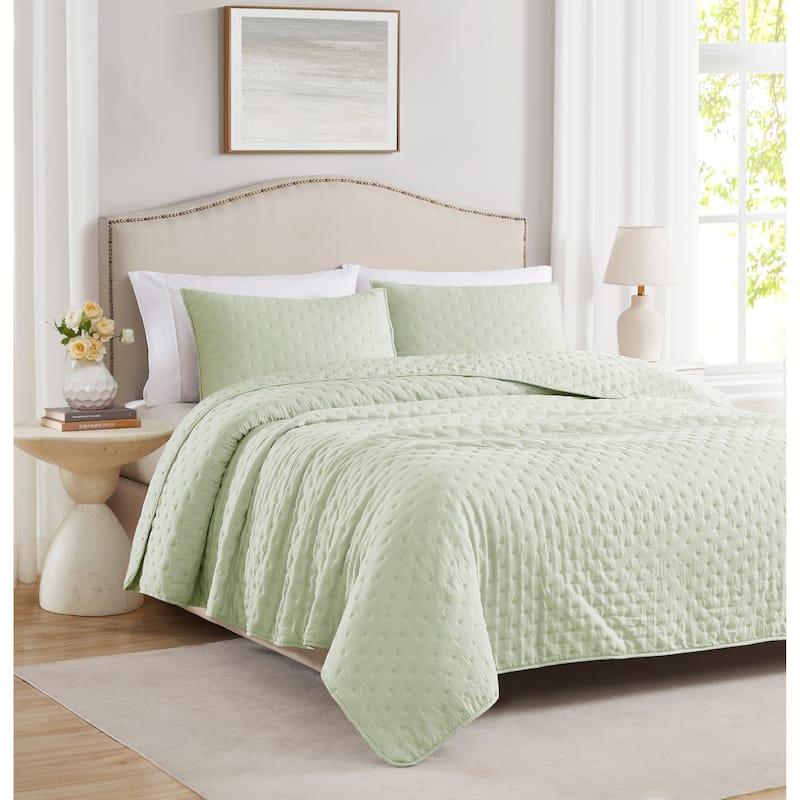 Caitlyn Embossed Stitch Pre-Washed Quilt Set - Sage - Twin
