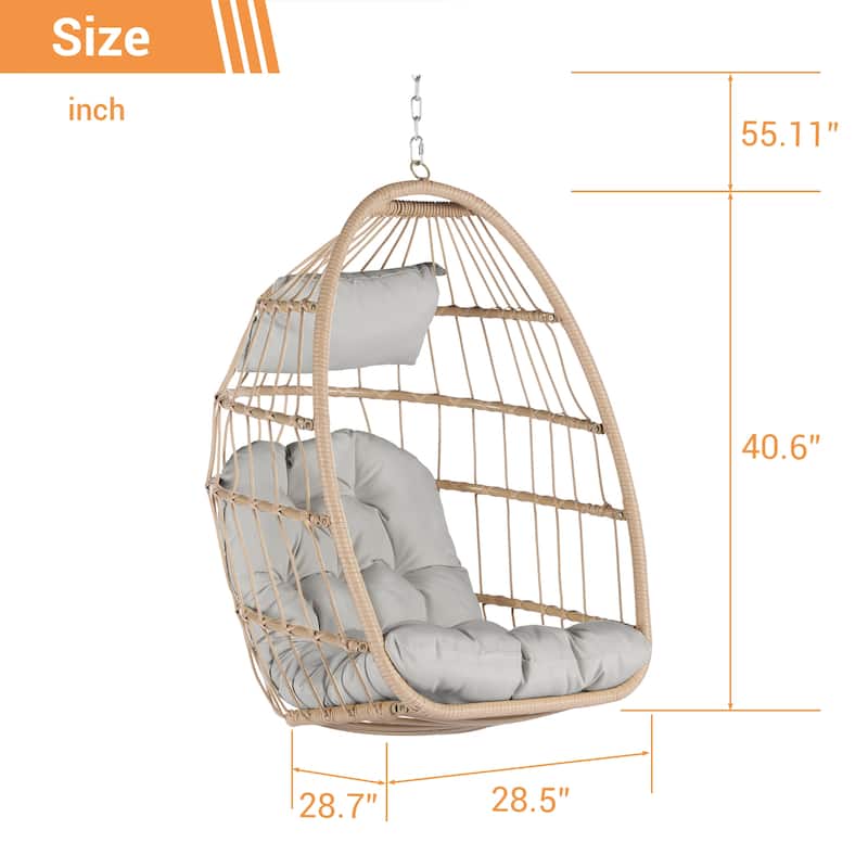 Outdoor Garden Rattan Egg Swing Chair, Hanging Chair Wood with Waterproof Cushions, Galvanized Steel Frame for Patio, Garden