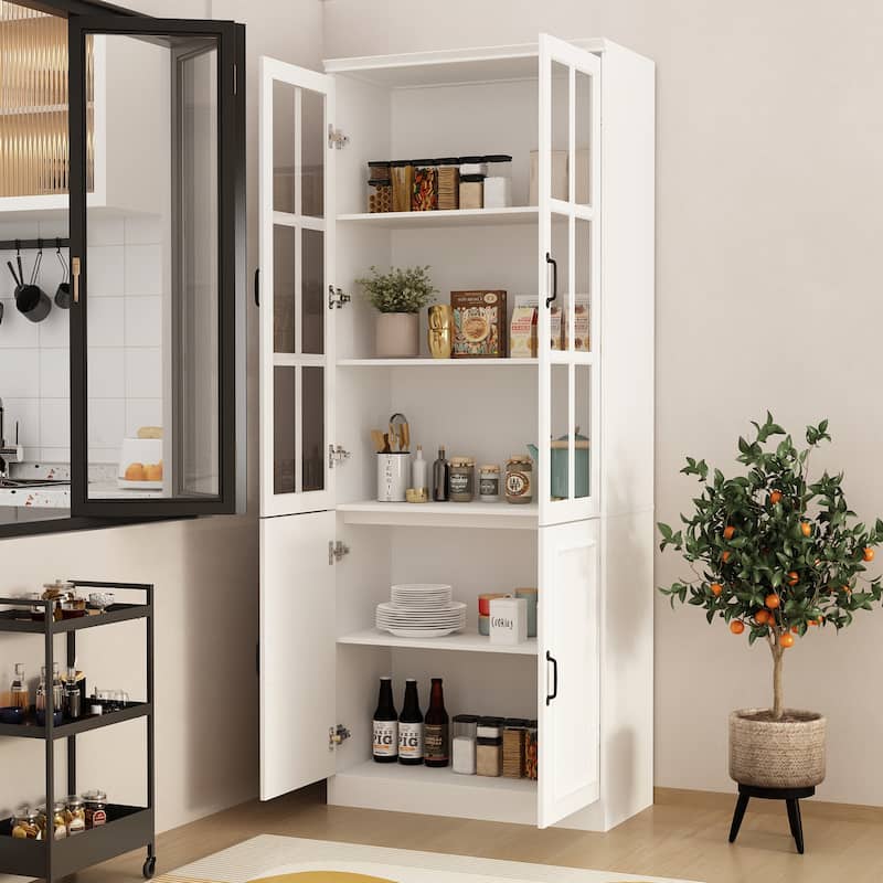 78.7"H Combo Buffet Sideboard White Curio Bookcase Cabinet Glass Door