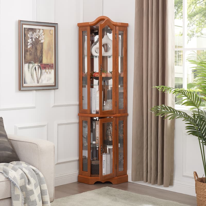 Lighted Corner Curio Cabinet, Freestanding Glass Display Cabinet, Wooden China Cabinet with Tempered Glass Doors & Shelves