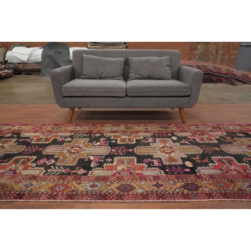 Hand Knotted Oriental 100% Wool Carpet Traditional Tribal Black Ardebil Runner Rug - 10' 6'' X 4' 3''