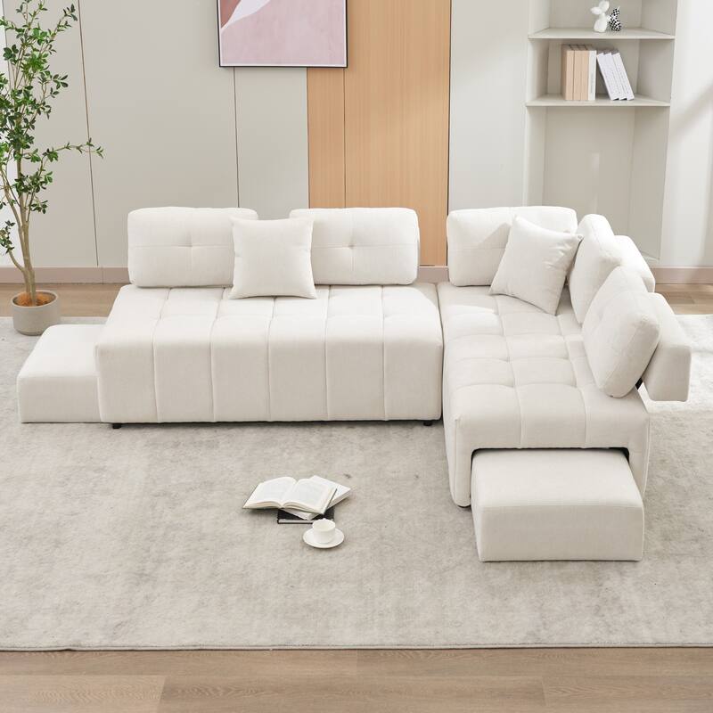 91.73" L-Shaped 4-Seat Sectional Sofa with 2 Hidden Stools, 2 Removable Lumbar Cushions, and Durable Chenille Fabric