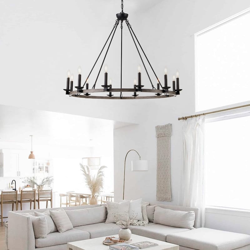12-Lights Candle Wagon Wheel Chandelier - 39.4"D×4.7"W×75.2"H(Adjustable)