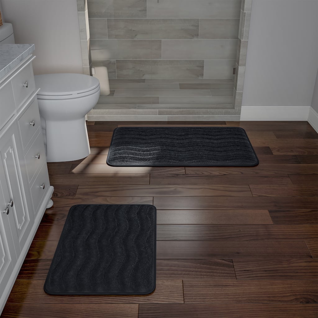 Set of 2 Bath Rugs – Washable Non-Slip Memory Foam Bath Mats for Bathroom by Lavish Home (Black)
