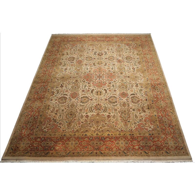 12'1''x15 Hand Knotted Wool Beige Agra Traditional Botanical Oriental Area Rug - 12' 1'' x 15'