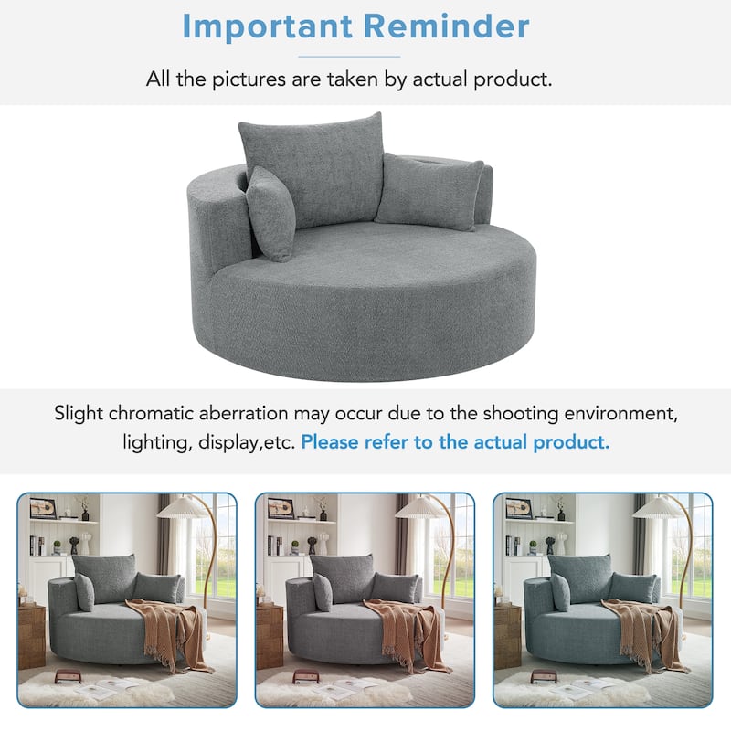 360° Swivel Accent Chair, Oversized Chenille Upholstered Round Barrel Chair, Lounge Reading Chair with 3 Removable Pillows