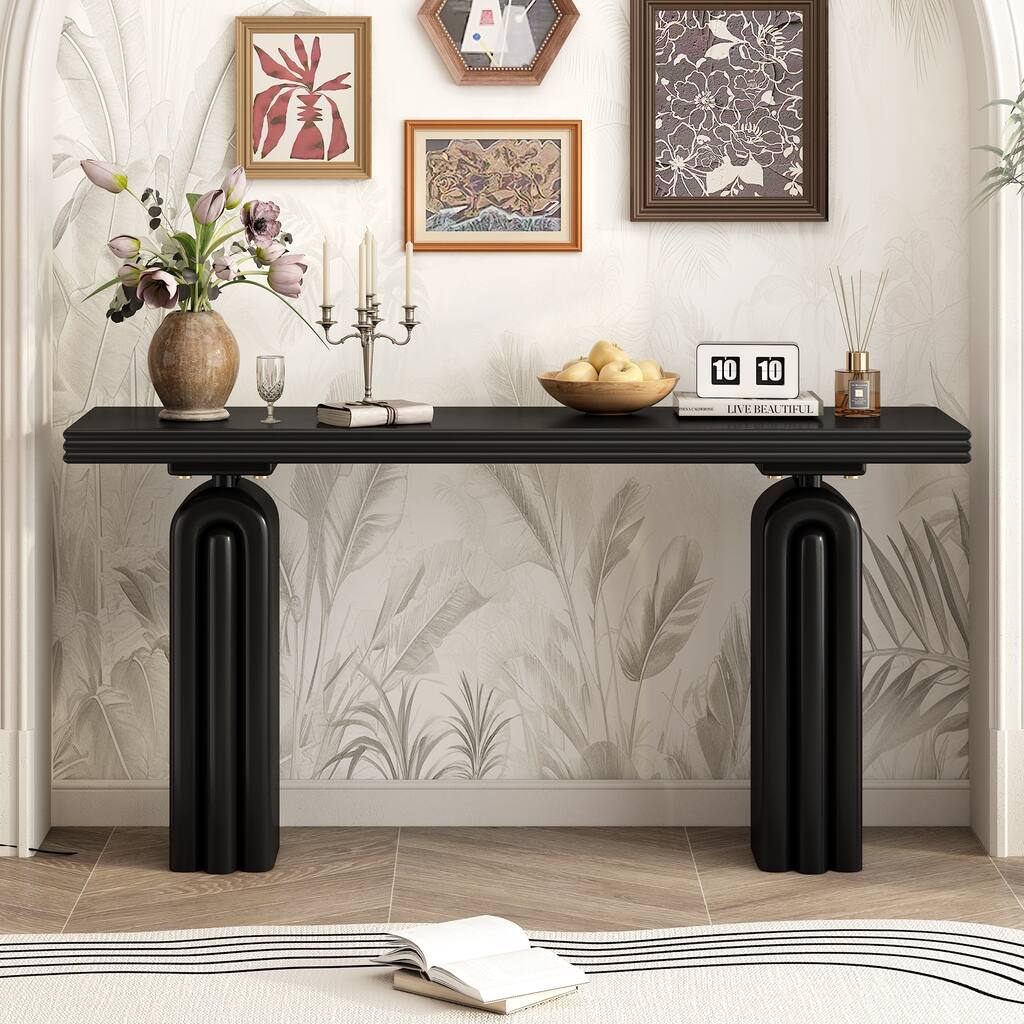 60" Curved Veneer Console Table with Solid Legs