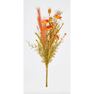23" Artificial Fall Bush with Poppy & Flowers, Orange, Set of 3 - 23
