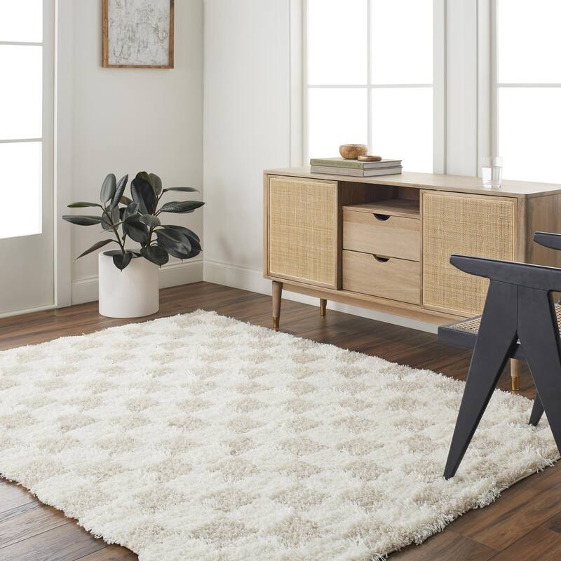 Livabliss Sibari Modern Checkered Plush Area Rug - 6' 7" x 9' 6" - Cream/Light Beige