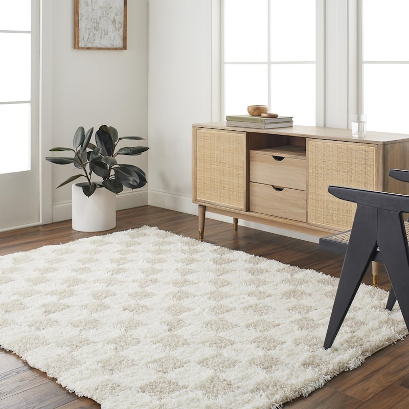 Livabliss Sibari Modern Checkered Plush Area Rug - 6' 7" x 9' 6" - Cream/Light Beige - Rectangle