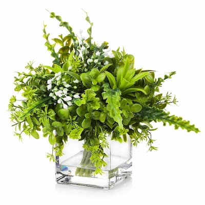 Enova Home Artificial Mixed Greenery Foliage Fake Plants in Cube Glass Vase for Home Office Decoration - N/A