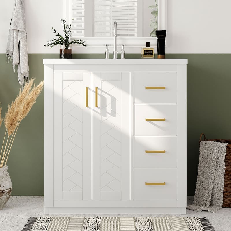 30 Inch Freestanding Solid Wood Bathroom Vanity with Ceramic Sink Combo - White