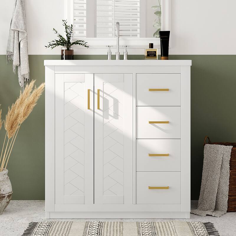 Roomfitters 30" Vanity with Ceramic Sink, Solid Wood Freestanding Cabinet with 3 Drawers and Soft Closing Doors - White