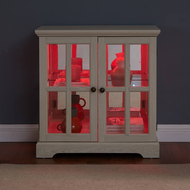 Retro Display Cabinet with Lattice Doors, Adjustable Shelve and LED Lights