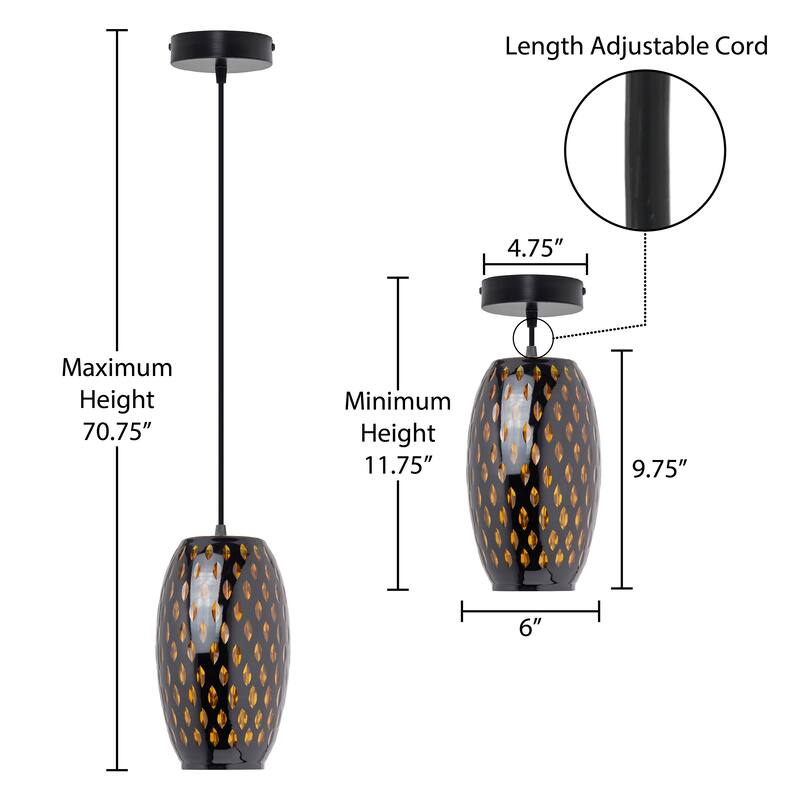 Adriana River of Goods Black Metal and Amber Glass 6-Inch Pendant Light with Adjustable Hanging Cord - 6" x 6" x 70.75"