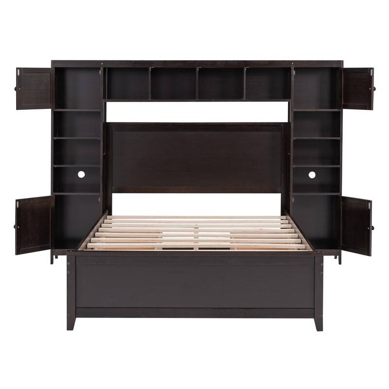 Full Size Platform Bed w/ All-in-One Cabinet & 10 Shelves, Wooden Bed Frame w/ 4 Drawers, Versatility Storage Bed for Kids Teens