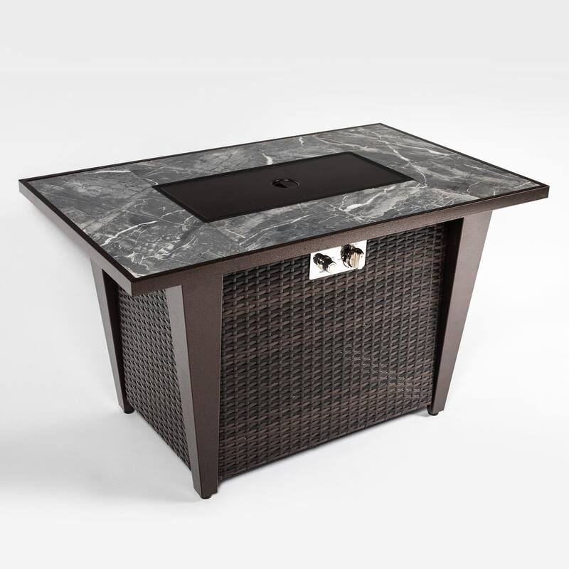 GDFStudio - Callahan 42" Steel Outdoor Fire Pit Table with Marble Tile Top, Glass Wind Guard & 50,000 BTU Flame
