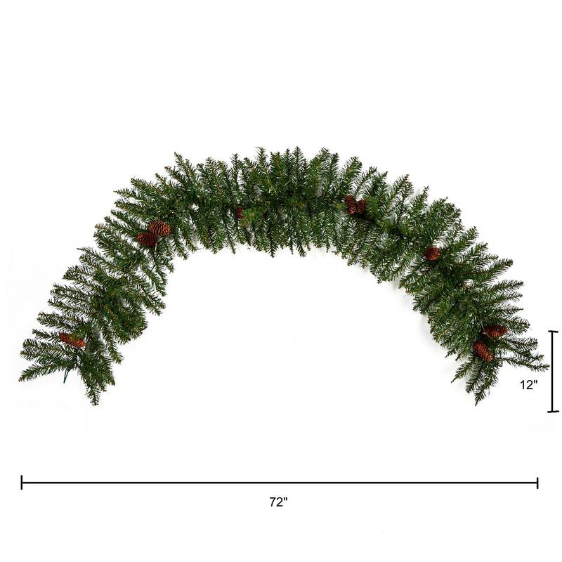 Christmas Garland 6Ft Artificial Pine & Pinecone Decor w/ 50 Warm White Lights - 72