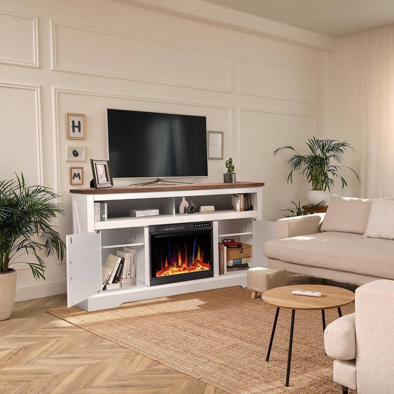 Electric Fireplace Mantel Wooden Surround Firebox, Remote Control, WALNUT